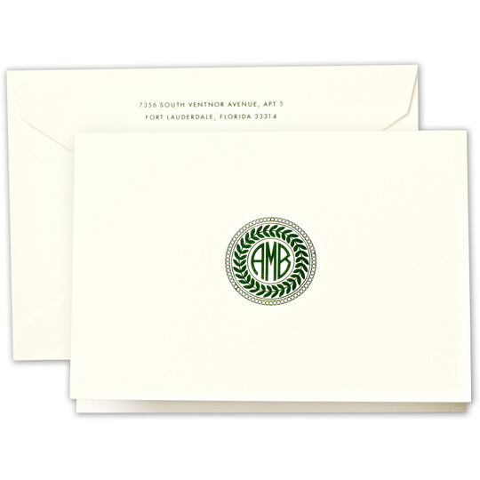 Wreath Monogram Lightweight Folded Note Cards - Raised Ink